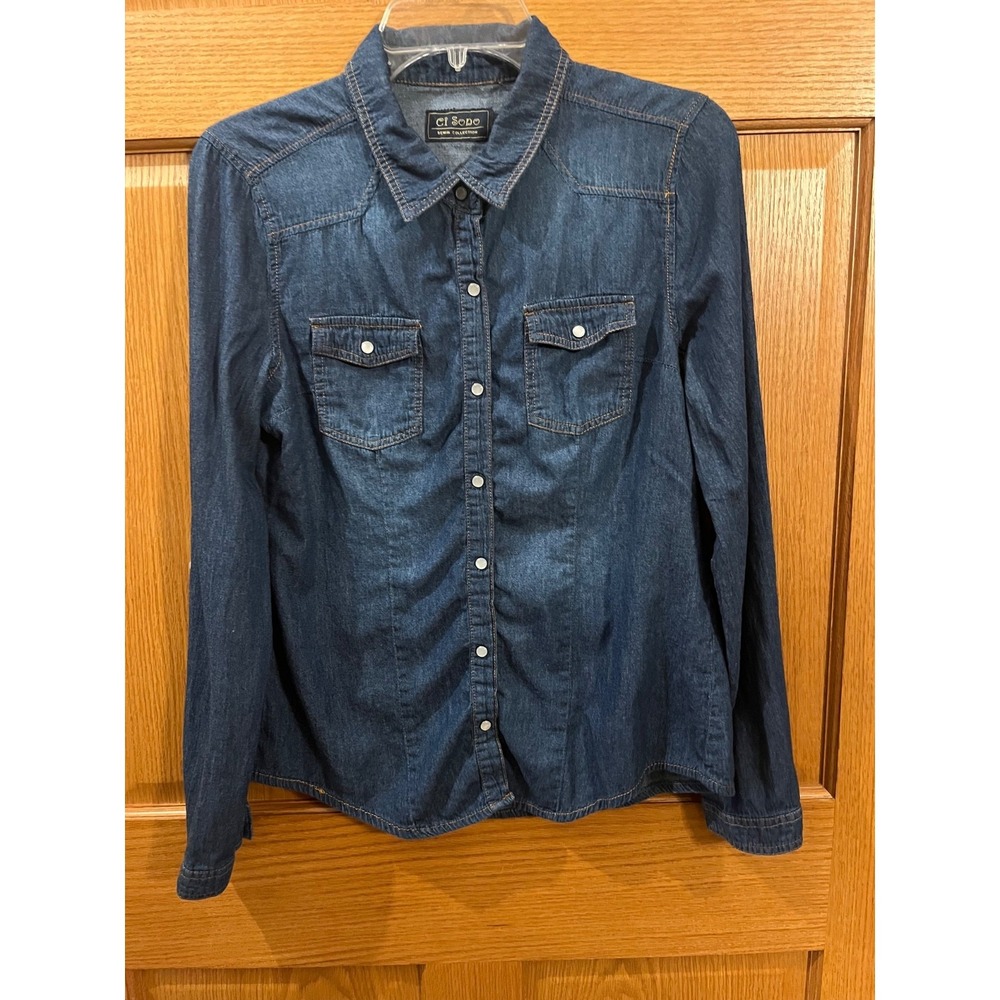 CI SONO Womens Large Dark Wash Denim Button Up Shirt Stretch